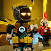 a lego robot with a glowing g on it 's face