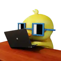 a yellow duck wearing blue sunglasses is using a laptop