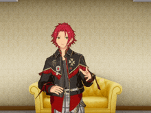 a boy with red hair is standing in front of a yellow chair