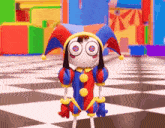a cartoon character dressed as a jester is standing on a checkered floor in a colorful room .