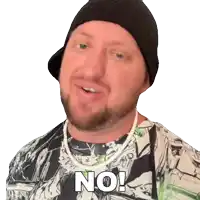 a man with a beard wearing a black hat and a shirt that says no