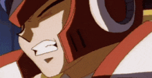 a close up of a cartoon character wearing a red and white helmet