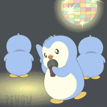 a penguin holding a microphone in front of a disco ball with the word pengu on the bottom right