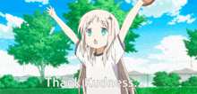 a girl with her arms outstretched and the words thank kudness below her