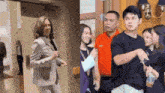 a woman in a suit and a man in an orange shirt are walking down a hallway
