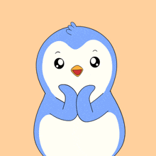 a blue and white penguin with a yellow beak on a pink background