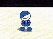 a blue cartoon character with a smile on his face is standing on a white surface