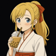 a blonde anime girl in a kimono drinking a bubble tea with a straw