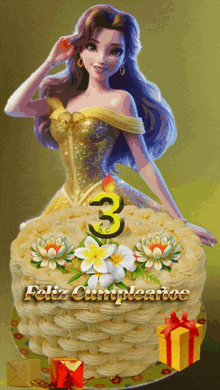 a picture of a princess on a cake with the number 3 on it
