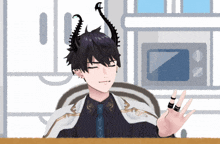a cartoon of a man with horns sitting at a table with his eyes closed