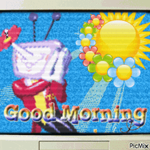 a picture of a robot with flowers and the words good morning on it