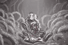 a black and white drawing of a woman surrounded by squid tentacles