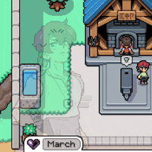a pixel art drawing of a man standing in front of a building with a sign that says march on it