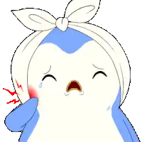 a blue and white penguin with a bandage on its head has a toothache