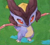a purple and brown cartoon dragon with red eyes is standing on a green field .