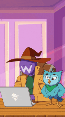 a cartoon of a wizard and an owl with the letter w on their face