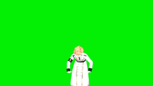 a woman in a white coat stands on a green screen
