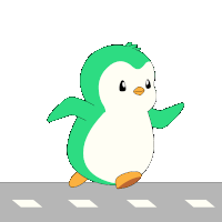 a green and white penguin is walking across a street