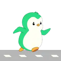a green and white penguin is walking across a street
