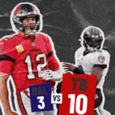 a man in a red buccaneers jersey stands next to a man in a white ravens jersey