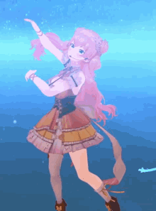 a cartoon girl with pink hair is dancing in front of a blue sky