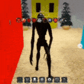 a silhouette of a monster in a video game is standing in front of a red door .