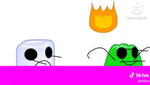 a cartoon ice cube , jelly , and fire are standing next to each other on a pink background .