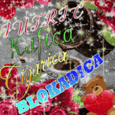 a greeting card with a teddy bear and flowers and the words " jutrit kafica "