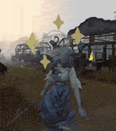 a computer generated image of a statue with a spear and a torch