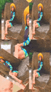 a woman sitting on a rock wearing a yellow hat and sunglasses