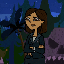 a cartoon of a woman in a suit standing in front of a palm tree