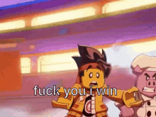 a cartoon character says " fuck you i win " in front of a pig