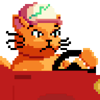 a pixel art of a cat wearing a hat and holding a steering wheel