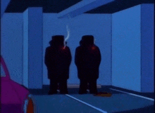 two cartoon characters are smoking cigarettes in a parking garage