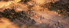 an aerial view of a desert landscape with trees and buildings