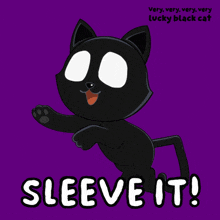 a very very very very lucky black cat says sleeve it on a purple background
