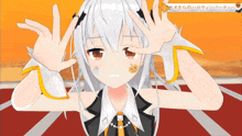 a girl with a pumpkin patch on her face is making a funny face
