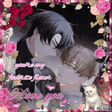 a picture of two men with roses and the words " you 're my favorite flower i love you "