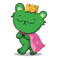 a green teddy bear wearing a crown and a pink cape