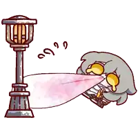 a cartoon drawing of a person blowing a pink bubble next to a street light