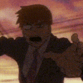 a man in a suit and tie is screaming with his arms outstretched in front of a sunset .