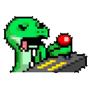 a pixel art illustration of a green snake eating a red ball .