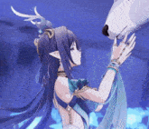 a girl with long purple hair is touching the nose of a bear
