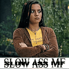 a woman with her arms crossed is wearing a yellow shirt that says " eat mat for breakfast "