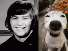 a black and white photo of a man next to a white dog