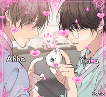 a couple of anime characters named abba and yinka are holding a stuffed animal