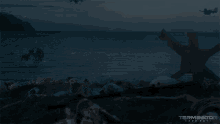 a poster for terminator dark fate shows skeletons in the water