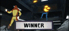 two cartoon characters are standing next to a sign that says winner on it .