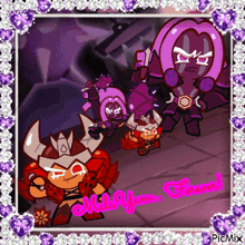 a picture of a group of cartoon characters with the words " mala yams forever " written in pink