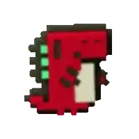 a pixel art of a red dinosaur with green eyes on a white background .